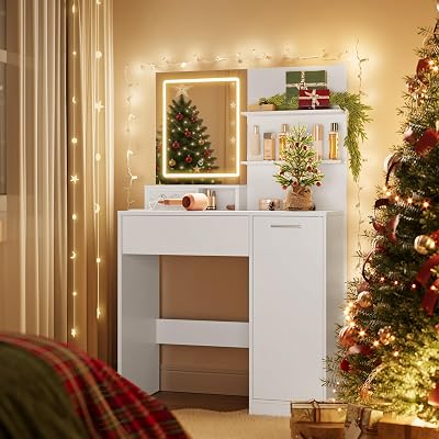 Coiffeuse avec Miroir LED, 1 Tiroir, 2 Étagères, Placard