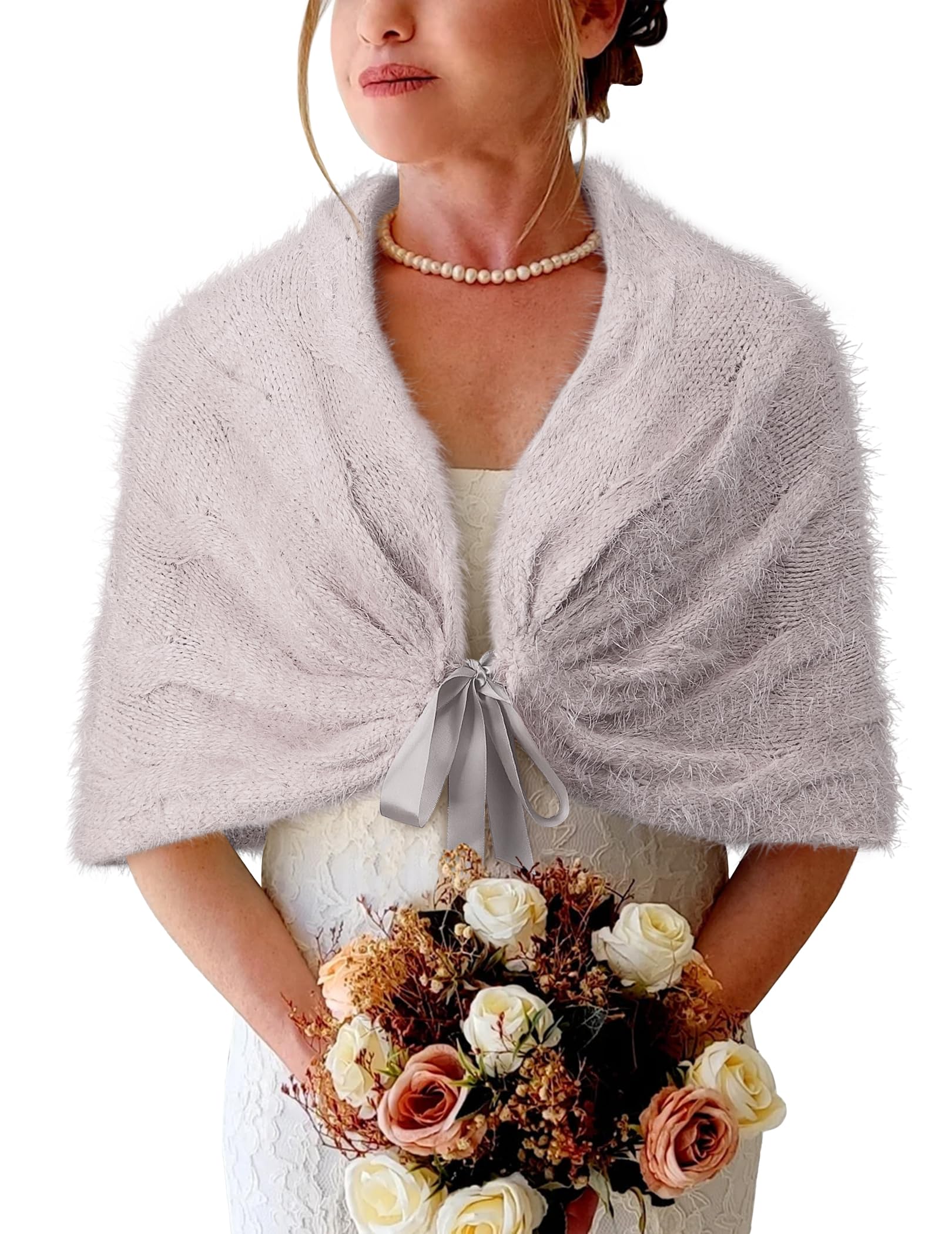 BB&KK Womens Knitted Shawl Wraps Cream Shawl Winter Bridal Wedding Dressy Stole Shrug Party Scarf Wrap Cover Up Light Grey XL