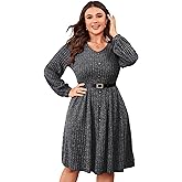 Womens Plus Size Casual Sweater Dress Lantern Long Sleeve V Neck Button A Line Flowy Ribbed Knit Winter Midi Dress with Belt