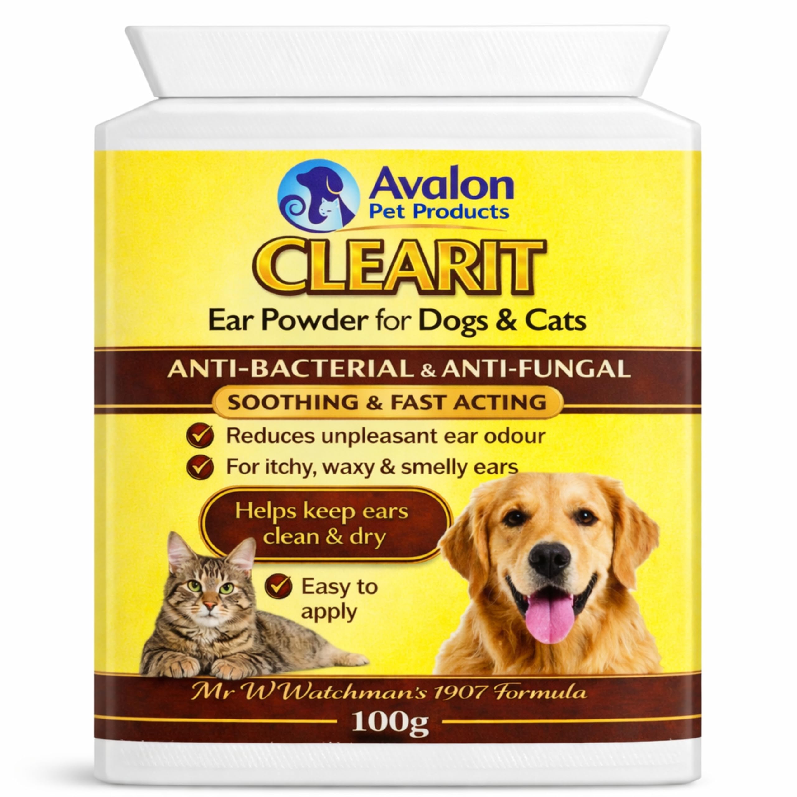 Avalon Pet Products CLEARIT 100G Ear Powder for Dogs & Cats – Anti Bacterial & Anti Fungal Powder – Supports Yeast Control, Itching, Wax Build-Up & Odour - Helps Keep Ears Dry, Fresh & Comfortable –