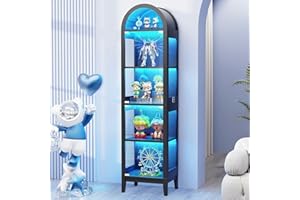 BROTTAR 71" Tall Arched Display Cabinet with Glass Doors, 5-Tier Curio Cabinet with LED Lights for Collectibles, Books, Showcase Glass Display Case with Human Body Sensor for Living Room, Black