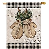 Hzppyz Winter Gloves Home Decorative House Flag Buffalo Plaid Check Farmhouse Garden Yard Outdoor Large Burlap Flag Sign Christmas Outside Decoration Xmas Seasonal Decor Double Sided Black White 28x40
