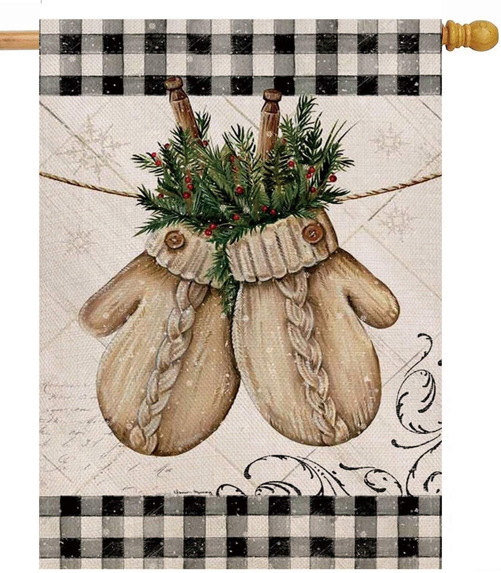 JIMOWANG Winter Gloves Burlap Garden Flag 28x40 Inch Double Sided Outdoor Yard Porch Patio Banner Flags for Decor