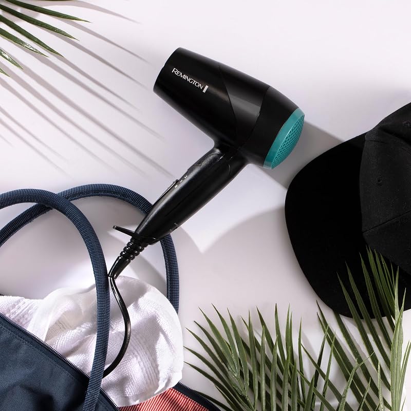 Secador de cabelo compacto pequeno remington, secador de viagem, dobrável, 2.000 w, concentrado, difusor compacto, 3 temperaturas, 2 velocidades, grade traseira removível, gancho de suspensão, d1500