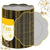LIYH 120 Pcs 7.5 Inch Black and Clear Gold Plastic Disposable Dessert Plates - Small Cake Plates with Gold Rim Round Flower Salad Plate for Tea Party Birthday