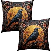 Evlaschin Crow Pillow Covers 18x18inch, Vintage Halloween Raven Floral Throw Pillowcases Set of 2, Black Bird Colorful Flowers Cotton Cushion Cover for Sofa Couch Home Holiday Farmhouse Decor