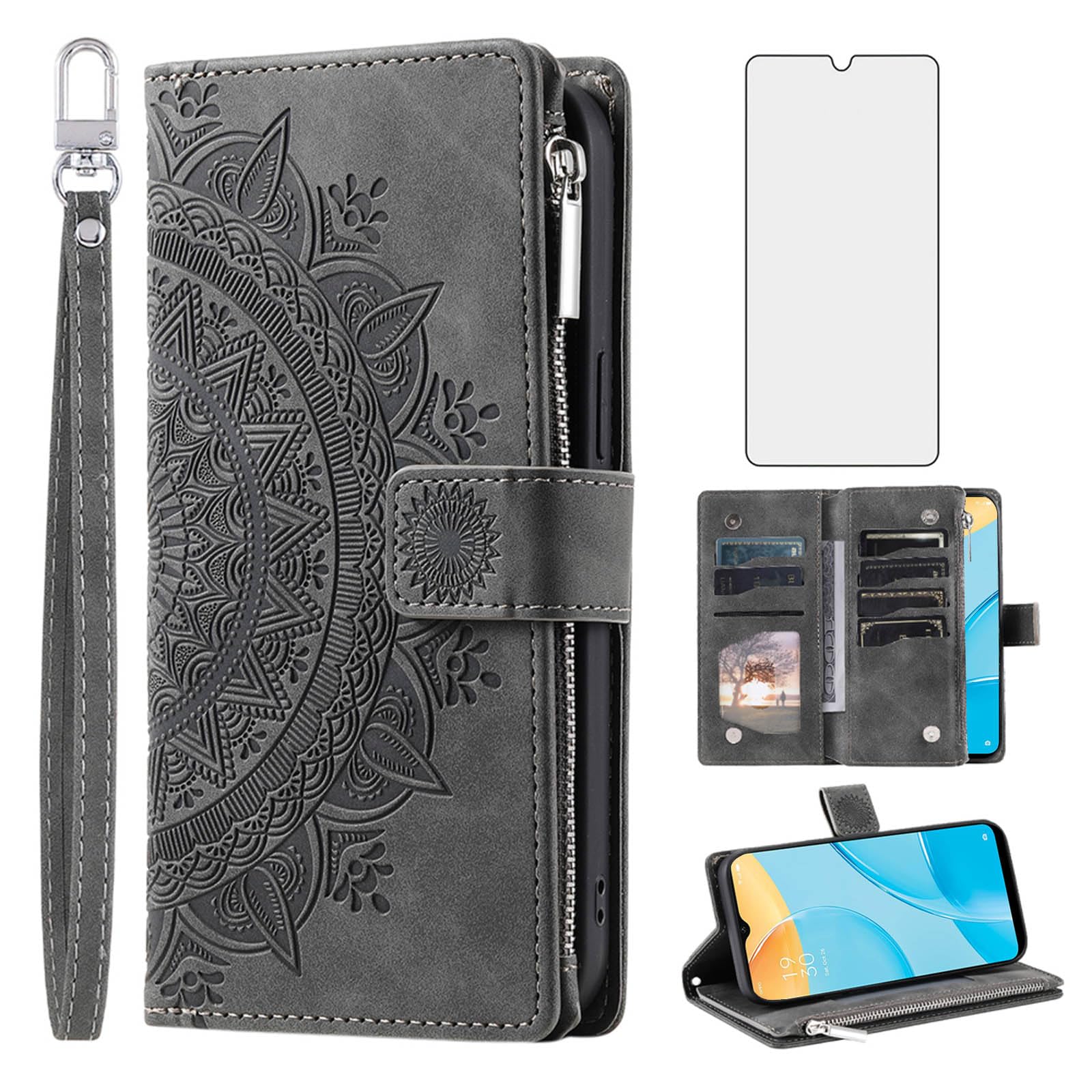 Asuwish Phone Case for OPPO A15/A15S/A35 Wallet Cover With Tempered Glass Screen Protector and Wrist Strap Mandala Flower Leather Flip Zipper Credit Card Holder Stand Cell A 15 15S CPH2185 Women Grey