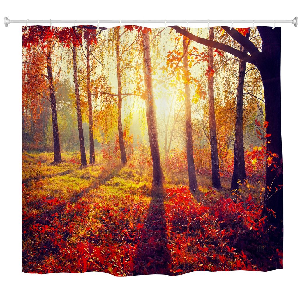 goodbath Fall Shower Curtain, Autumn Sunshine Forest Trees Waterproof and Mildew Resistant Fabric Bathroom Curtains, 72 x 72 Inch, Gold Red Brown