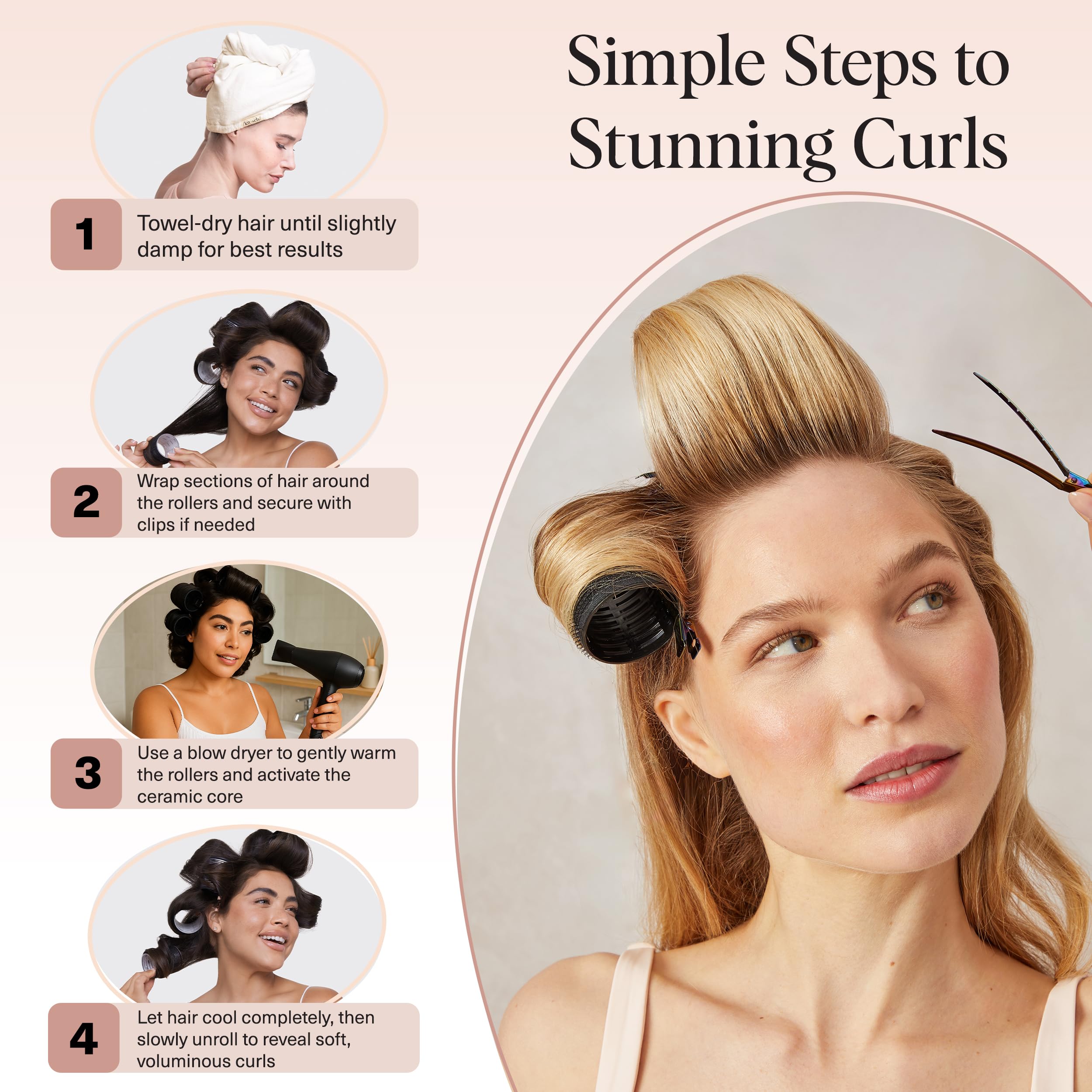 Kitsch Ceramic Thermal Hair Rollers for Women – Self Grip Hair Curlers for Heatless Curls Overnight - Volumizing Large Rollers for Short & Long Hair - For Long Lasting Frizz-Free Curls - Black, 8pcs