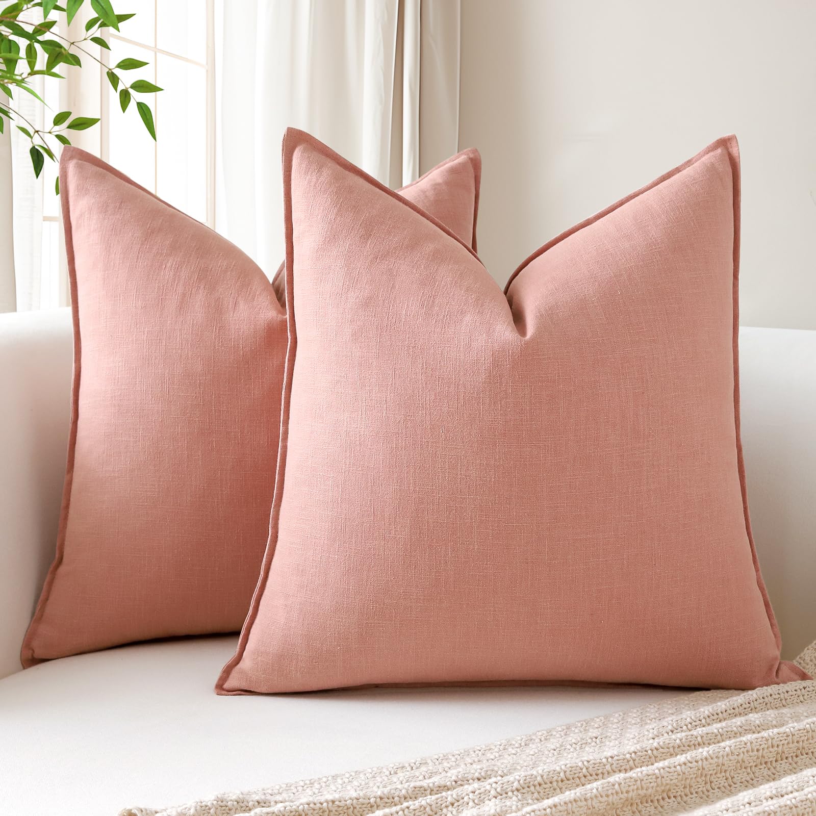 Sungeek Set of 2 Soft Linen Decorative Cushion Covers 50cm x 50cm Solid Farmhouse Throw Pillow Covers Boho Accent Cushion Cases for Sofa Couch Chair Bedroom Home Decor Pillowcases, Pink