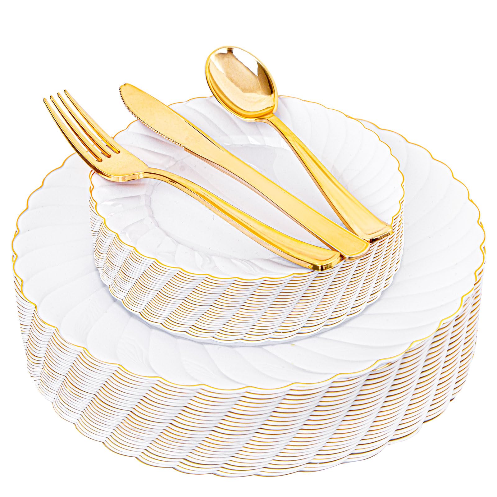 Photo 1 of YOUBET 125PCS White Plastic Plates with Gold Rim, Gold Plates Disposable with Golden Silverware Include 25 Dinner Plate 25 Dessert Plate 25 Forks 25 Knives 25 Spoons For Wedding, Parties Thanksgiving