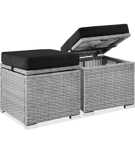 SUNSITT Outdoor Patio Ottoman Set Of 2 - All-Weather Rattan Footstools With Grey Olefin Cushions