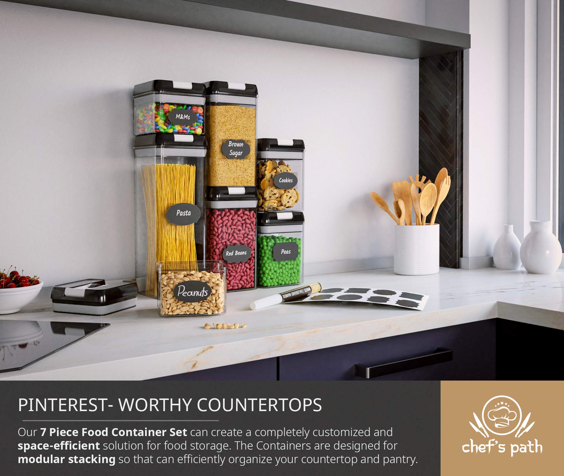 Chef's Path Airtight Food Storage Container Set - 7 Piece Set - Label Markers - Kitchen Pantry Organizer - BPA Free - Clear Plastic Canisters for Flour/Cereal with Improved Lid