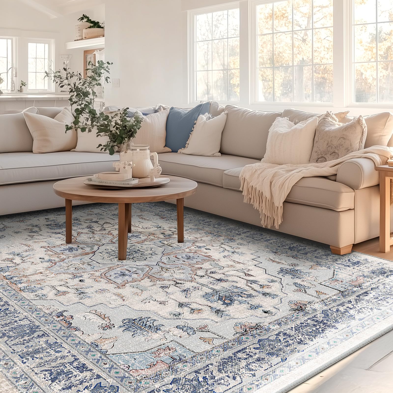 Photo 1 of BESTSWEETIE 8x10 Area Rug Washable Rugs for Living Room, No Pile Boho Carpet for Entryway Bedroom Dinning Room, Vintage Carpet Print Distressed Non-Slip, 8 x 10 ft, Beige Blue