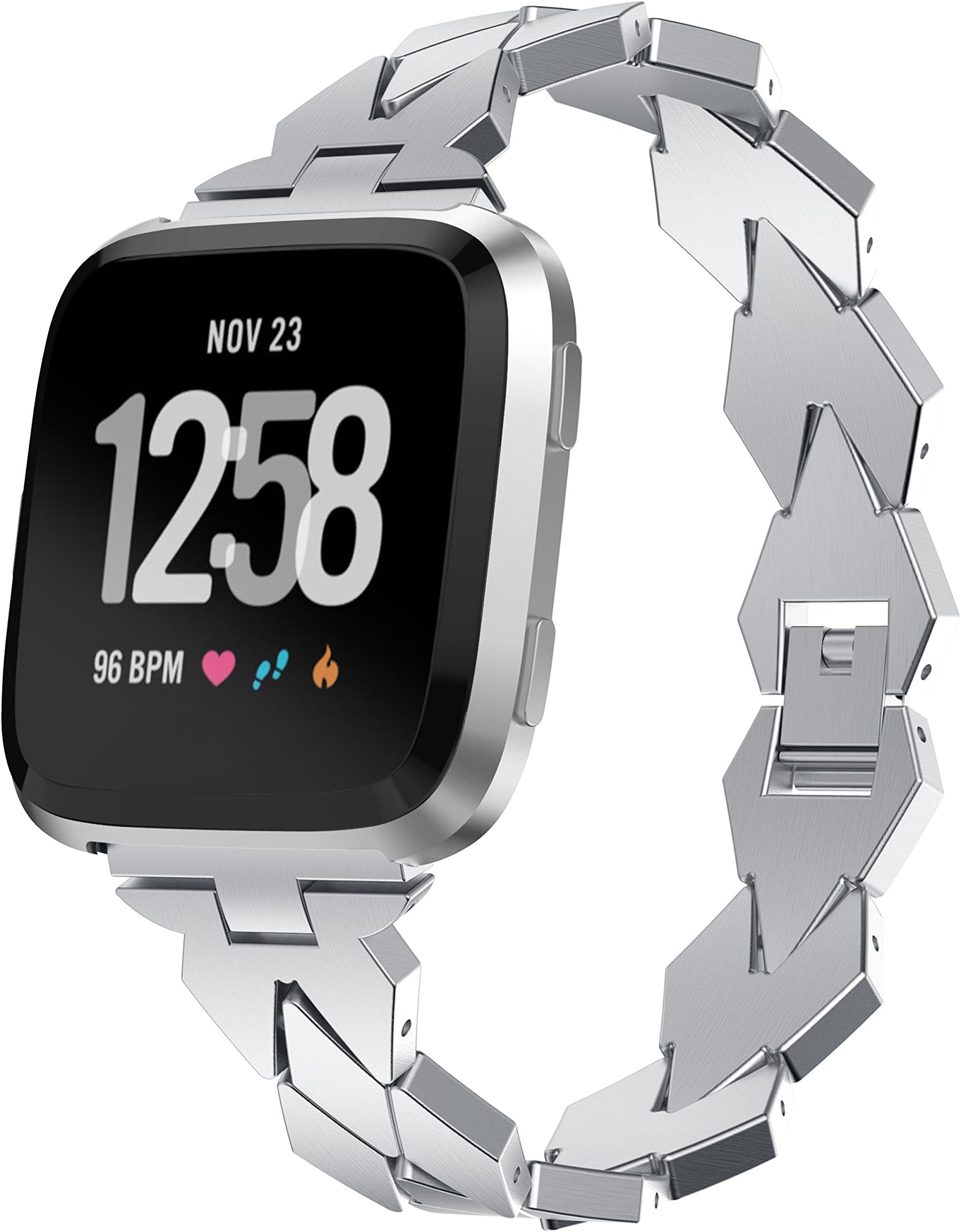 Feuy for Fitbit Versa Bands Stainless Steel Strap, Adjustable Stainless Steel Replacement Band Metal Wristbands for Fitbit Versa Watch,Bracelet, Link,Ring(Silver)