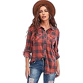 Oyamiki Womens Casual Cuffed Long Sleeve Boyfriend Button Down Plaid Flannel Shirt Tops