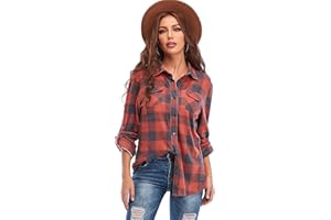 Oyamiki Womens Casual Cuffed Long Sleeve Boyfriend Button Down Plaid Flannel Shirt Tops