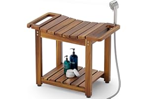 BLUEWEST Shower Bench Seat with Storage Shelf, Natural Wood Shower Benches for Inside Shower to Sit on, Waterproof Bathroom Spa Bench Stool for Legs Shaving with Built-in Handle & Shower Head Holder
