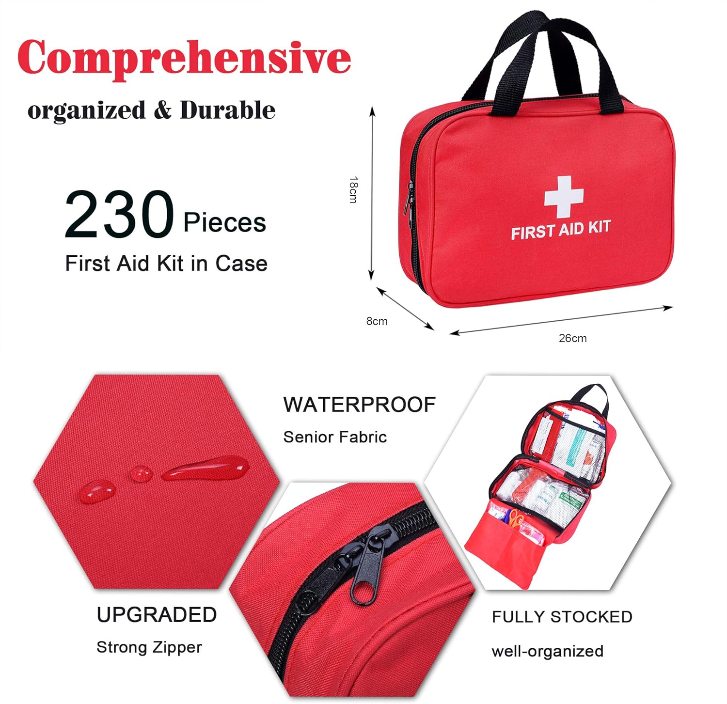 First Aid Kit - 230 Piece - for Car, Home, Travel, Camping, Office or Sports | Red Bag / Reflective Cross, Fully Stocked with Essential Supplies for Emergency and Survival: Health & Personal Care