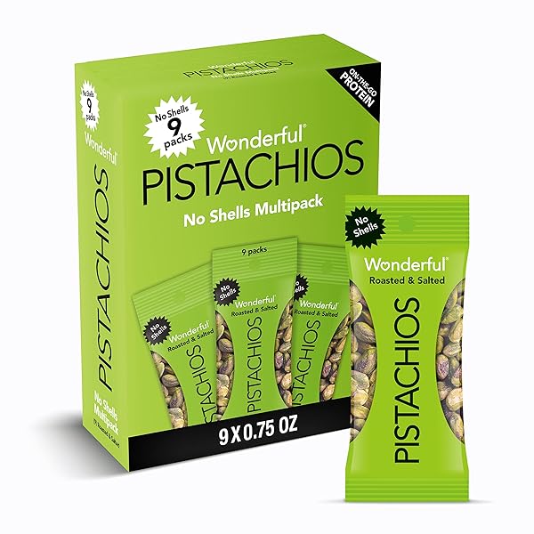 WONDERFUL PISTACHIOS NO SHELLS, ROASTED & SALTED NUTS, 0.75 OUNCE BAG (PACK OF 9), PROTEIN SNACKS, GLUTEN FREE, ON-THE-GO, INDIVIDUALLY WRAPPED SNACKS