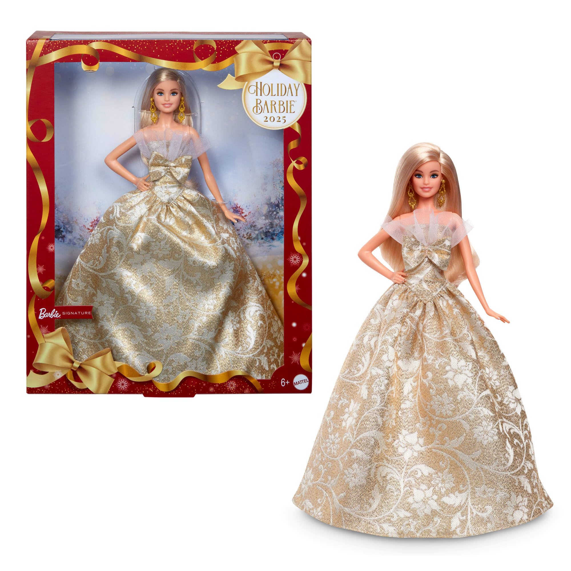 Photo 1 of Barbie Signature 2025 Holiday Blonde Fashion Doll Wearing Silver & Gold Gown, Seasonal Collector in Displayable Packaging & Stand