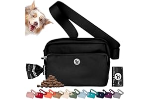 Puppington 3-in-1 Crossbody Dog Walking Bag & Treat Pouch with Matching Planet Safe Poop Bags & Built-In Dispenser - Dog Mom Gift for Puppy Training with Zippered Pockets (Onyx Black)