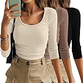 Xaatren 3 Pack 3/4 Length Sleeve Tops for Women Ribbed Scoop Neck Slim Fitted T-Shirts Summer Casual Basic Tight Tees