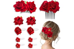 Psiokimi 10 Pcs Red Rose Hair Clips, 5 Styles Rose Flower Hair Comb, Elegant Rose Brooch Floral Clip Bridal Mexican Hair Flow