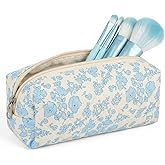 Eldraqth Small Makeup Brush Pouch, Floral Cute Makeup Bag Portable Travel Small Quilted Cosmetic Bag Cotton Zipper Pencil Pouch for Women Toiletry Lipsticks Cosmetic Organizer (Blue)