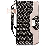 FYY Leather Case with Mirror for iPhone 8 Plus/iPhone 7 Plus, Leather Wallet Flip Folio Case with Mirror and Wrist Strap for iPhone 8 Plus/iPhone 7 Plus Ink