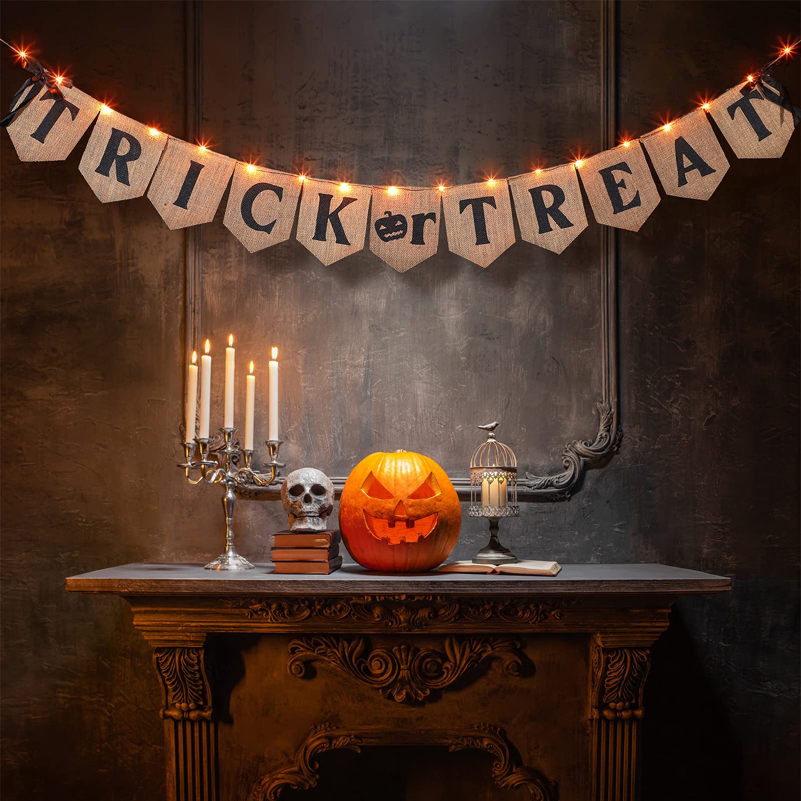 Tatuo Halloween Trick or Treat Burlap Banner Decorative Bunting Banner Hanging Flag with String Light for Party Mantel Decoration Supplies, Orange, Black
