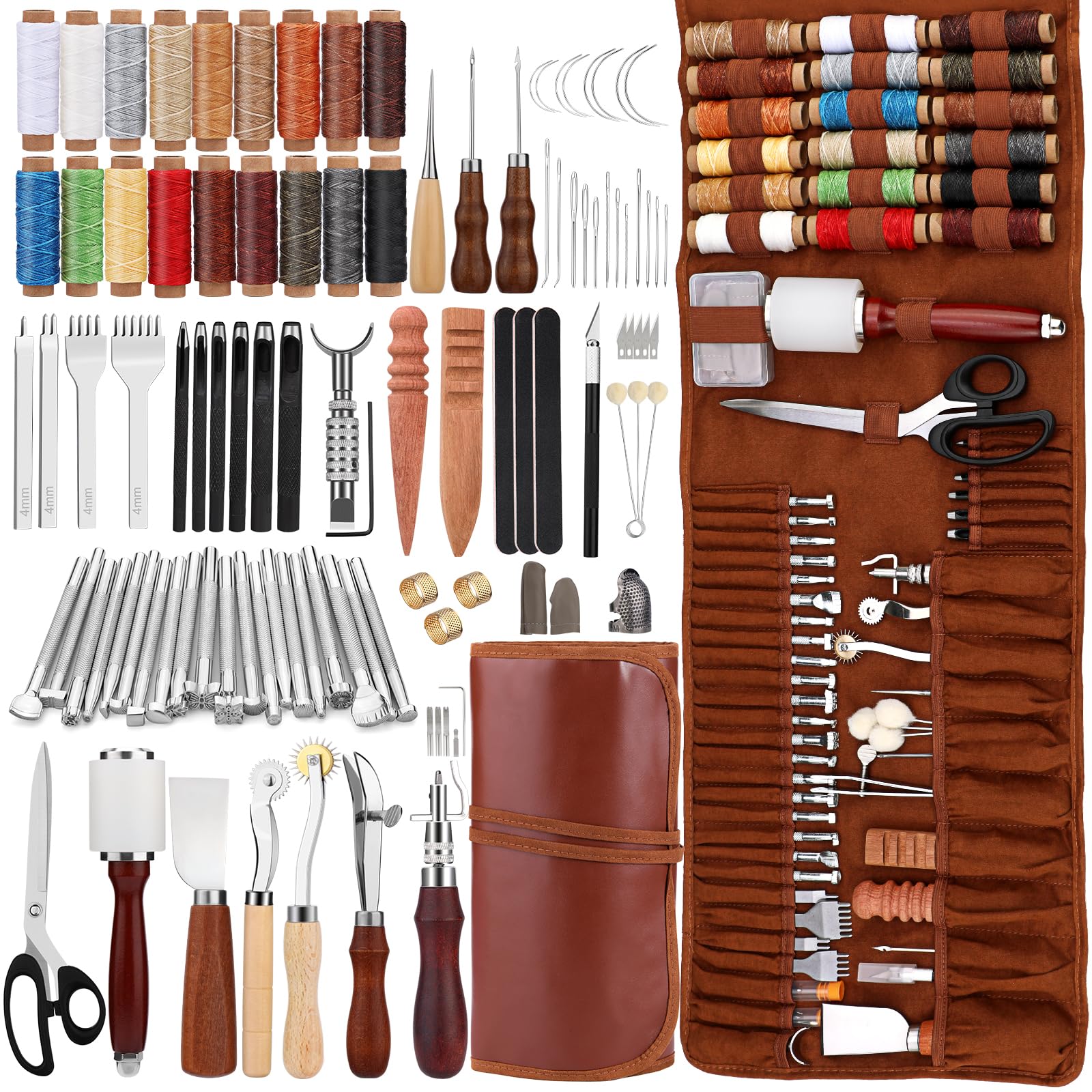 SUVSOON Leather Working Tool with Roll Bag and Manual, Leather Tools Working Crafting Kit with Awl Stitching Punch Waxed Thread for Punching Carving Sewing