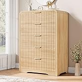 Jocoevol Fluted 5 Drawer Dresser, 43" Tall Dressers & Chests of Drawers Curved Profile Design, Wood Mid Century Vertical Dresser Natural Texture for Bedroom, Natural Oak Dresser