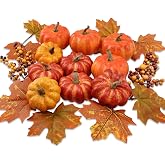 Realistic Mini Pumpkin Decor Indoor 16PCS Artificial Pumpkins for Fall Decorations for Home Fall Centerpieces for Tables Outdoor Thanksgiving Halloween Party/Berries Maple Leaf Autumn Fillers decor