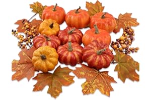 CHEAWRTZ Realistic Mini Pumpkin Decor Indoor 16PCS Artificial Pumpkins for Fall Decorations for Home Fall Centerpieces for Tables Outdoor Thanksgiving Halloween Party/Berries Maple Leaf Autumn Fillers decor
