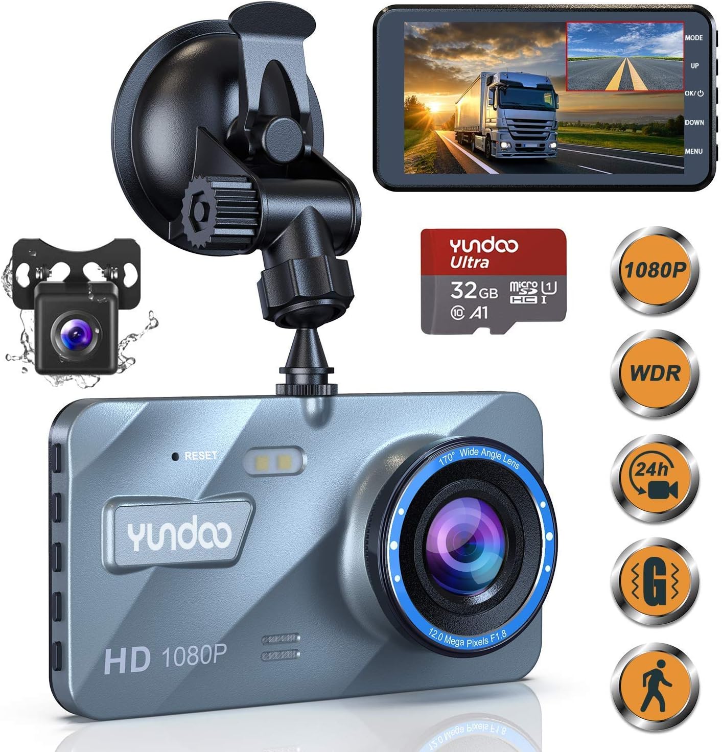 caméra de Voiture Dashcam 1080P FHD 4écran IPS avec Carte SD de 32 Go