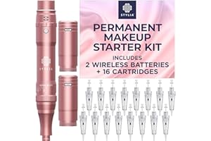 Stylia Permanent Makeup Machine Set – Wireless Machine Kit with 2 Rechargeable Lithium Batteries, Power Adaptor and 16 Cartridges – Microblading Supplies, Low-Noise, High-Speed Motor