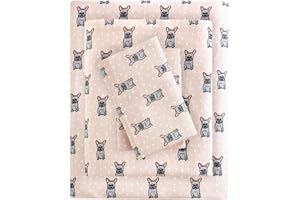 Sleep Philosophy True North Cozy Flannel Warm 100% Cotton Sheet - Novelty Print Animals Stars Cute Ultra Soft Cold Weather Bedding Set, Queen, Pink French Bulldog 4 Piece