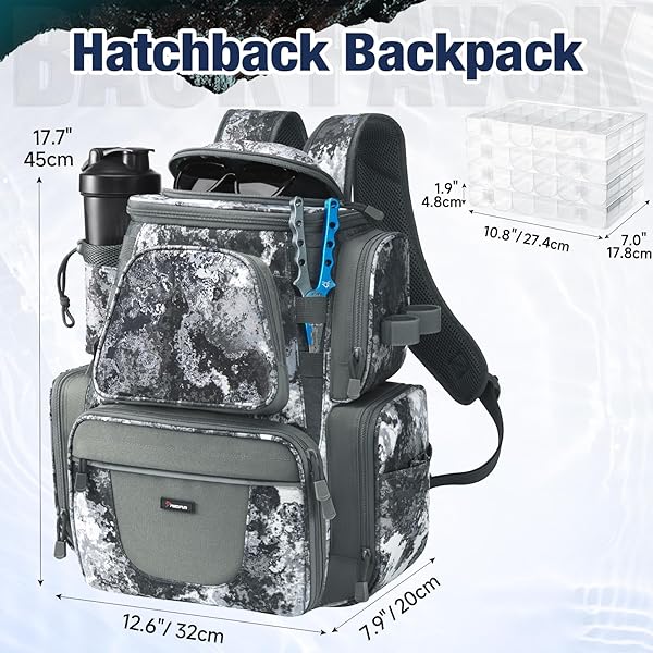 PISCIFUN FISHING TACKLE BACKPACK WITH ROD HOLDER & 4 TACKLE BOXES, OUTDOOR GEAR STORAGE TACKLE BAG WITH PROTECTIVE RAIN COVER, VEIL CAMOUFLAGE
