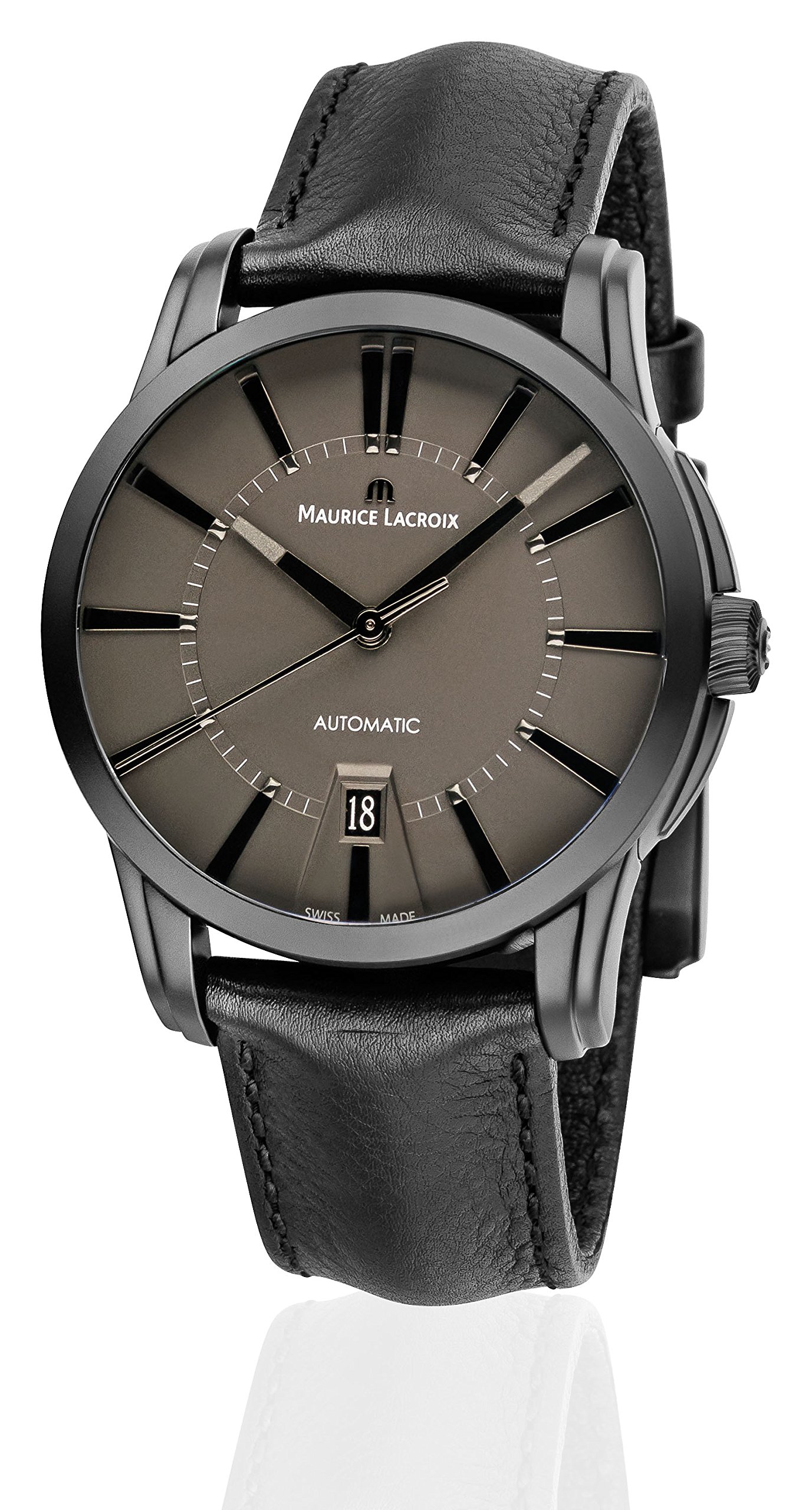 Mens Pontos Black Dial Black Leather Strap Automatic Watch Pt6148