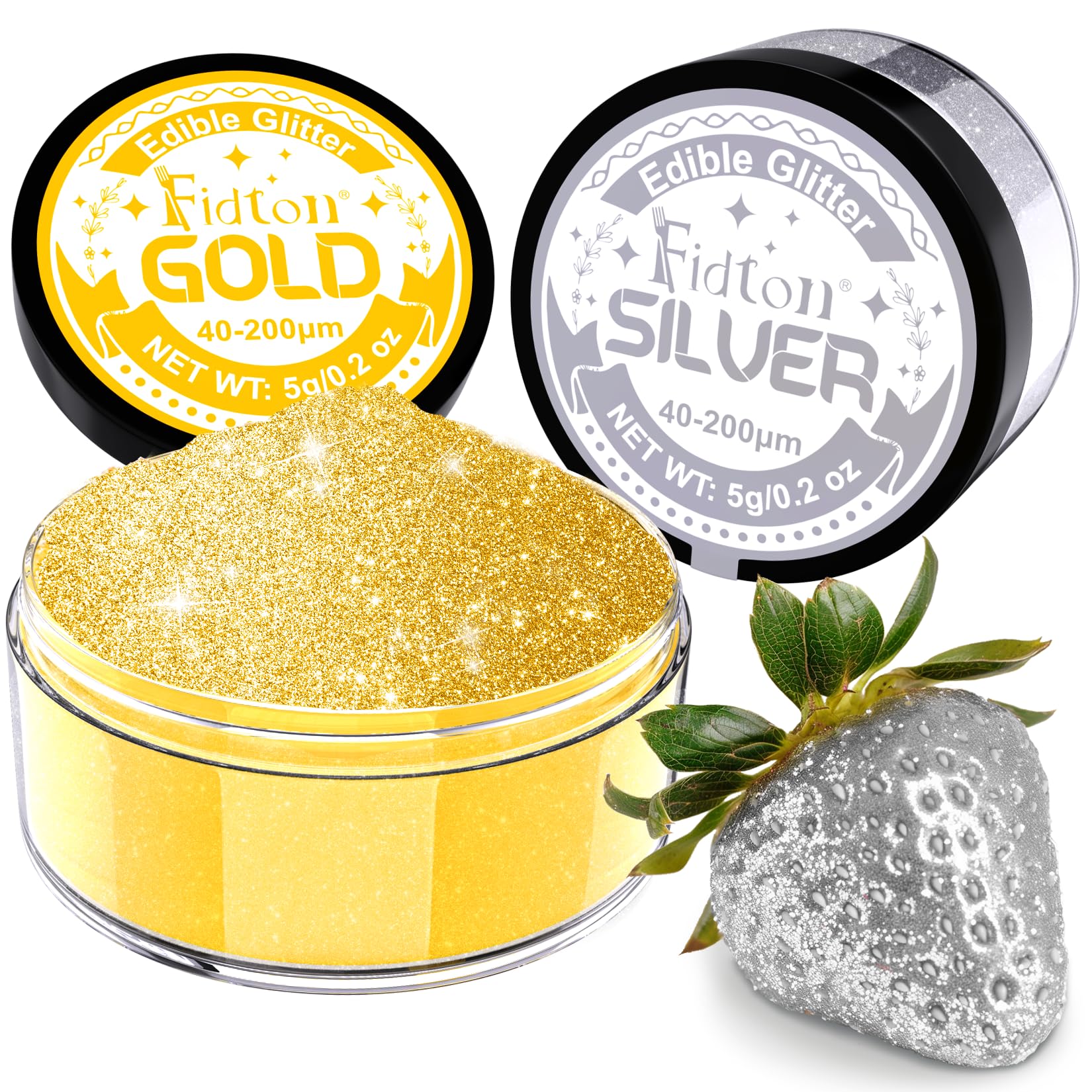 Edible Glitter for Drinks - Fidton 2 Colours Sparkling Edible Cake Decorations Set, Gold Lustre Dust Edible & Silver Cake Decorations, Cake Glitter for Bakery, Cocktail, Fondant, Macaroon - 5 g/each