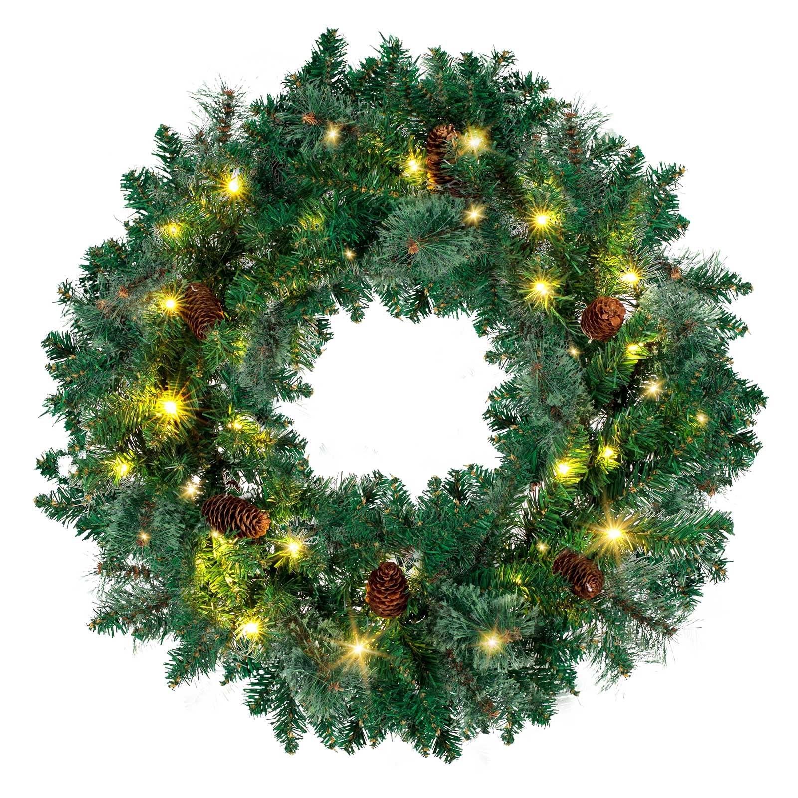 Photo 1 of OHKIDS Christmas Wreath for Front Door, Pre-lit 24 Inch Outdoor Wreath with Timer, Hanger, Pine Cones, Indoor Artificial Xmas Decoration for Window, Stair Railing, Wall, Fireplace, Mantel (Green)