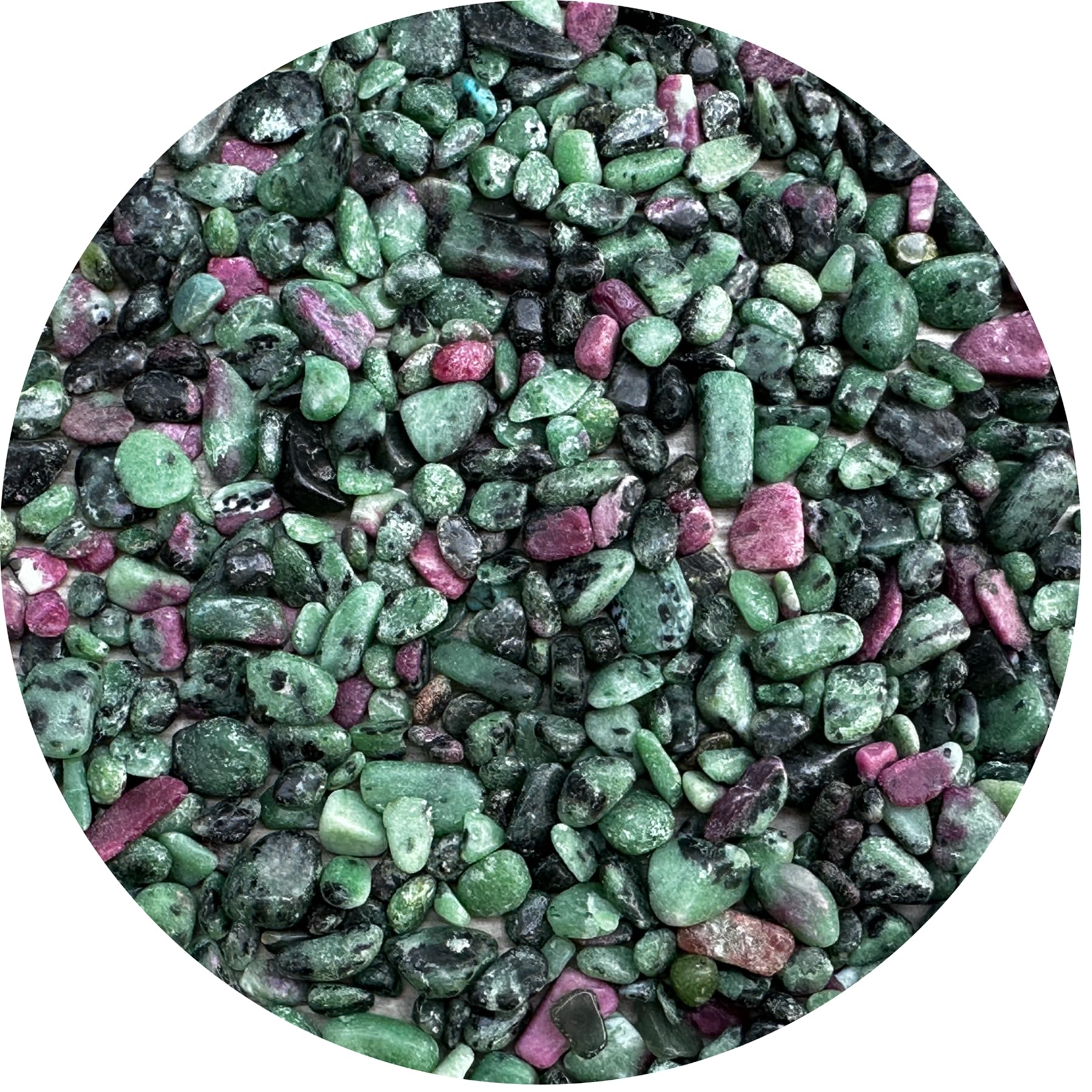 Photo 1 of Wholesale Natural Semi Tumbled Ruby Zoisite Gemstone Chips, Ruby Zoisite Crushed Mini Crystals, Undrilled Crystal Chips (Ruby Zoisite, 0.5 Pound)