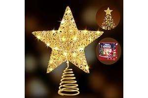 WHOLEV Gold Christmas Tree Topper, 25CM Gold Wire Glitter Tree Toppers Star with Timer, Battery or USB Powered, 20 LED Christ