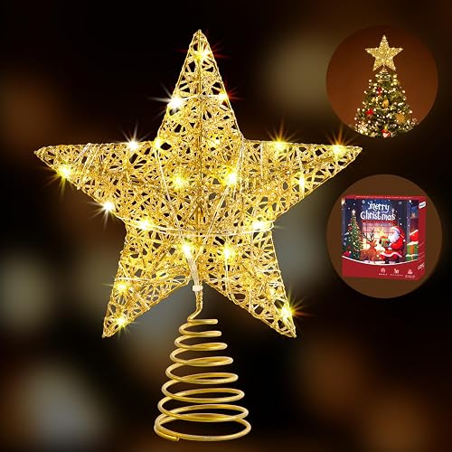 WHOLEV Christmas Tree Topper Star, 25CM Gold Wire Glitter Tree Toppers with TIMER, Battery or USB Powered, 20 LED Lights Gold Ornaments Topper, Christmas Treetop for Christmas Tree New Year Decoration