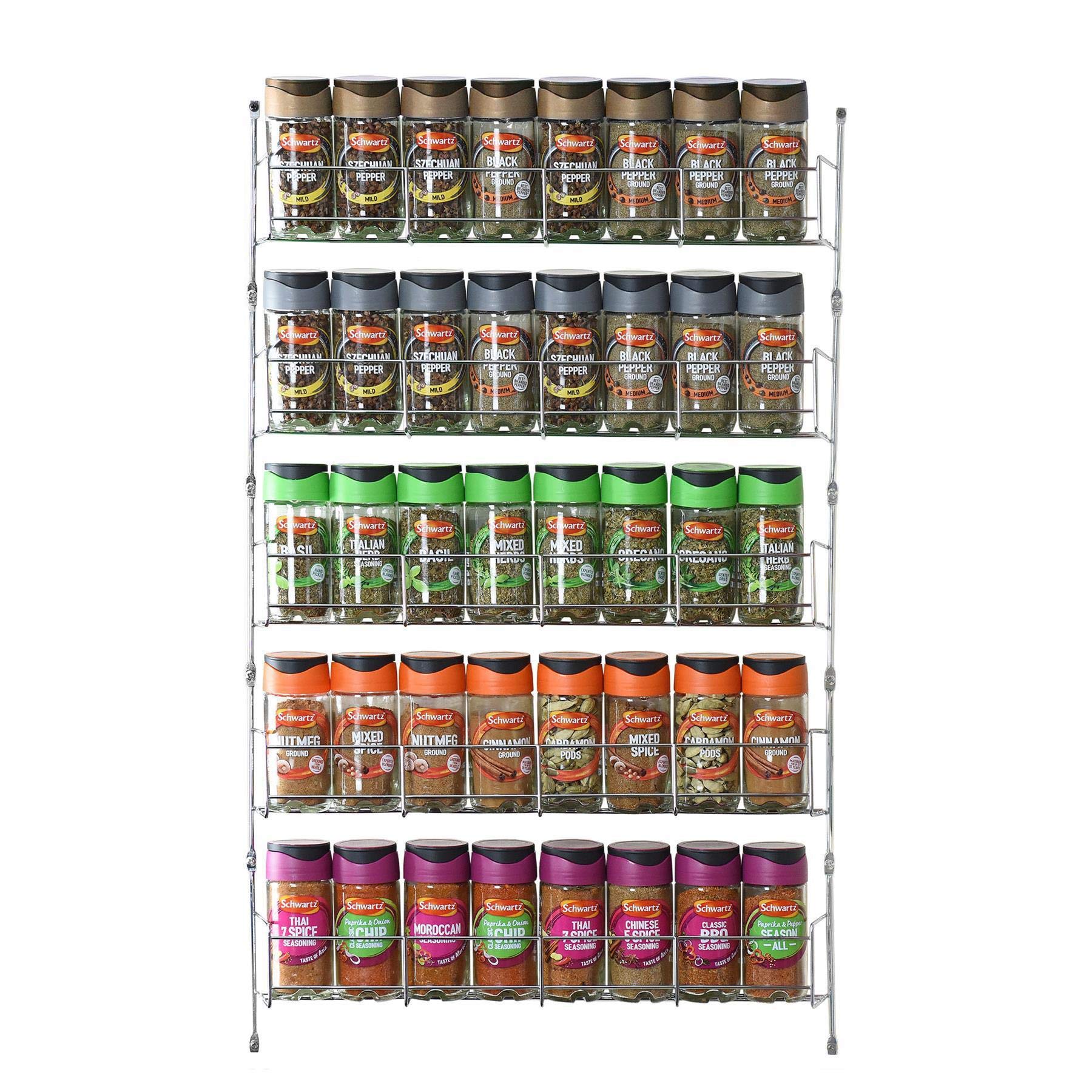 Vinsani 1/2/3/4/5/6 Tier Spice Racks Organiser - 5 Tier Flexible Herb Spices Condiments Jar Cupboard Wall Mounted Hanging Storage with Adhesive Stickers & Screws For Pantry Kitchen (Silver)