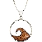 Aloha Jewelry Company 925 Sterling Silver Hawaiian Koa Wood Ocean Wave Necklace Pendant with 18" Box Chain, Nickle Free Hypoallergenic for Sensitive Skin, Gift Box Included