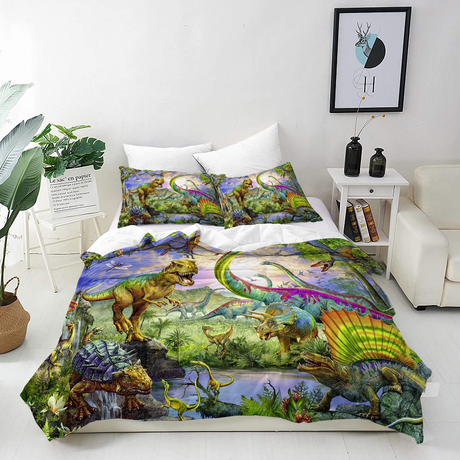 ANHOPE Dinosaur Duvet Cover Set Soft Lightweight Microfiber 3 Piece Bedding Set with 2 Pillowcase Jungle Animal Dino T-Rex Print Pattern Kids Boys Quilt Cover with Zipper Closure Single — image 1