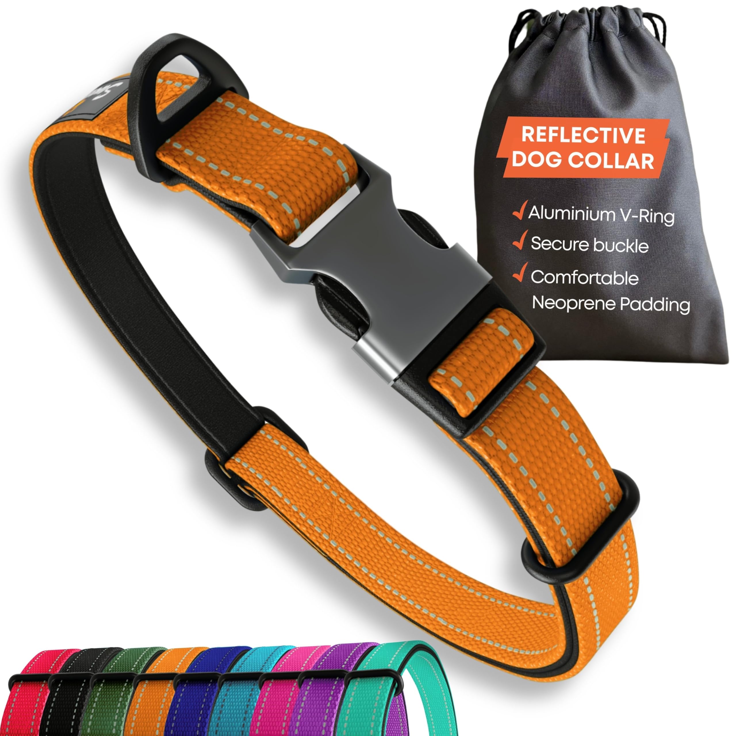 Orange Dog Collar Small Dogs – Strong Reflective Adjustable Padded Dogs Collars - Metal Buckle, Aluminium V-ring, Dog Safety — image 1