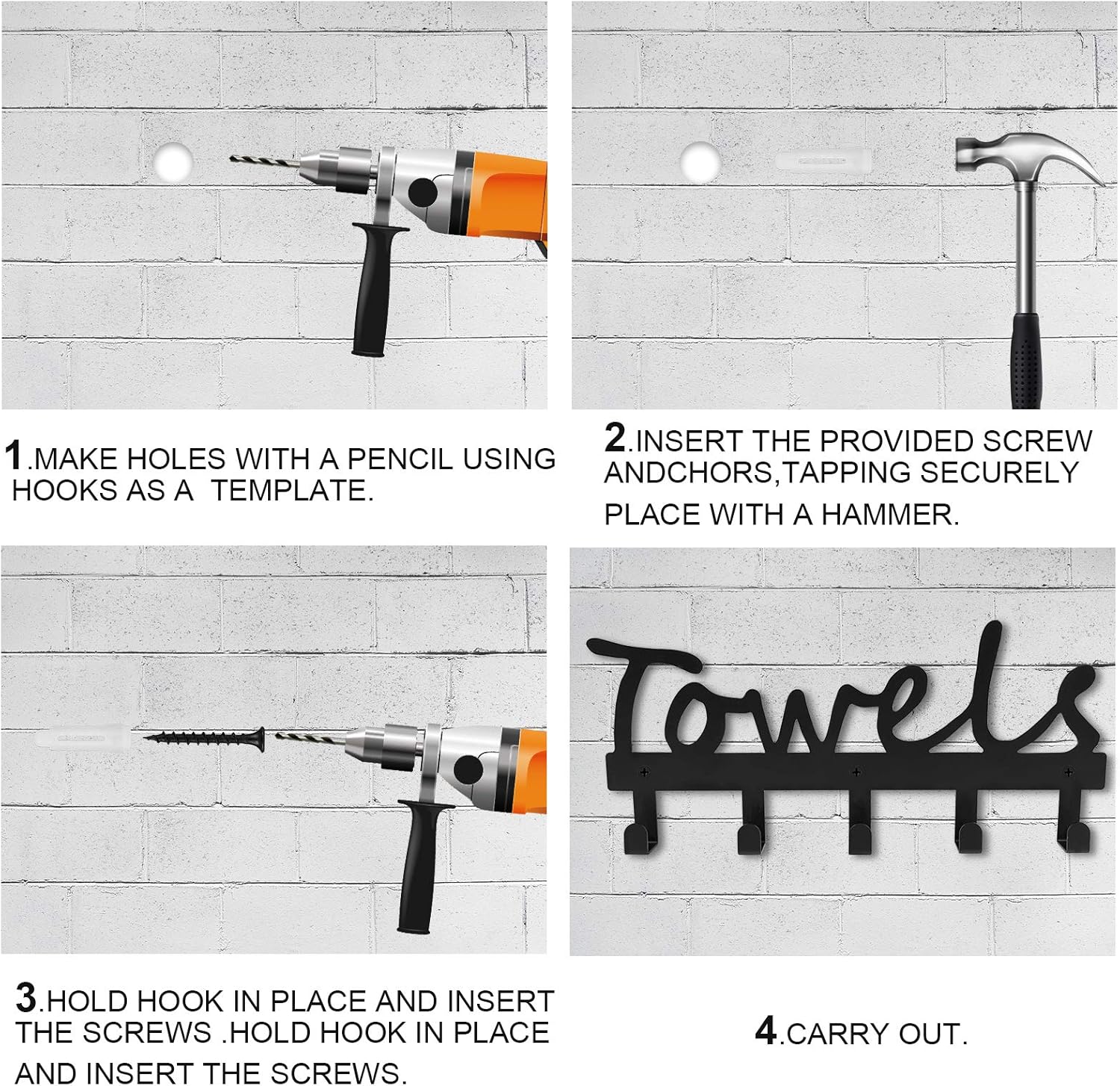 Towel Holder 5 Hooks for Bathroom, Towel Racks, Towel Hooks for Bathroom, Bedroom, Kitchen, Pool, Beach Towels, Bathrobe, Clothing, Metal Sandblasted Wall Mount Rustproof and Waterproof (Black02): Kitchen & Dining